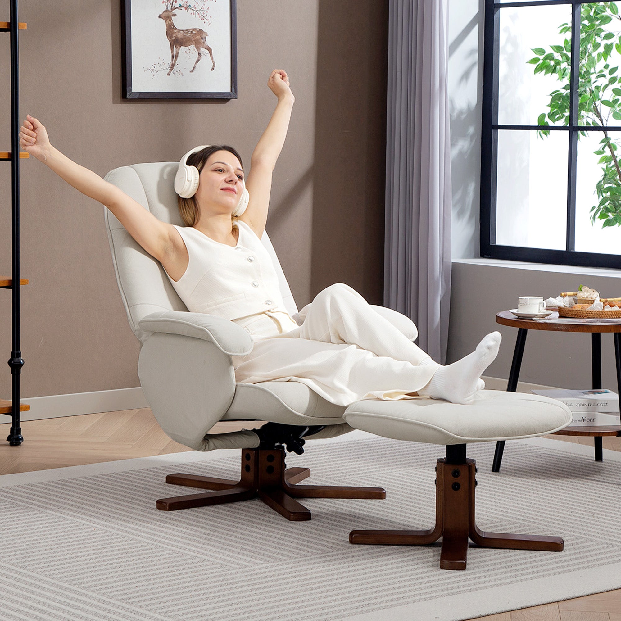 HOMCOM Linen Swivel Recliner Chair with Footstool, Upholstered Reclining Armchair with Wooden Base for Living Room, Beige