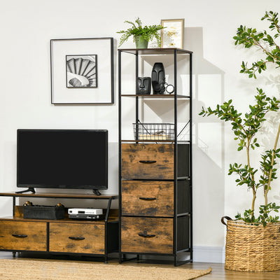HOMCOM Industrial Storage Cabinet with 2 Open Shelves and 3 Foldable Fabric Drawers, Multifunctional Bookshelf in Living Room, Study, Bedroom, Rustic Brown 