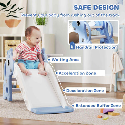AIYAPLAY 3 in 1 Kids Slide with Climber, Basketball Hoop and Ball, Giraffe Shape Climber Slide for Indoor Kids Age 1-3, Blue 