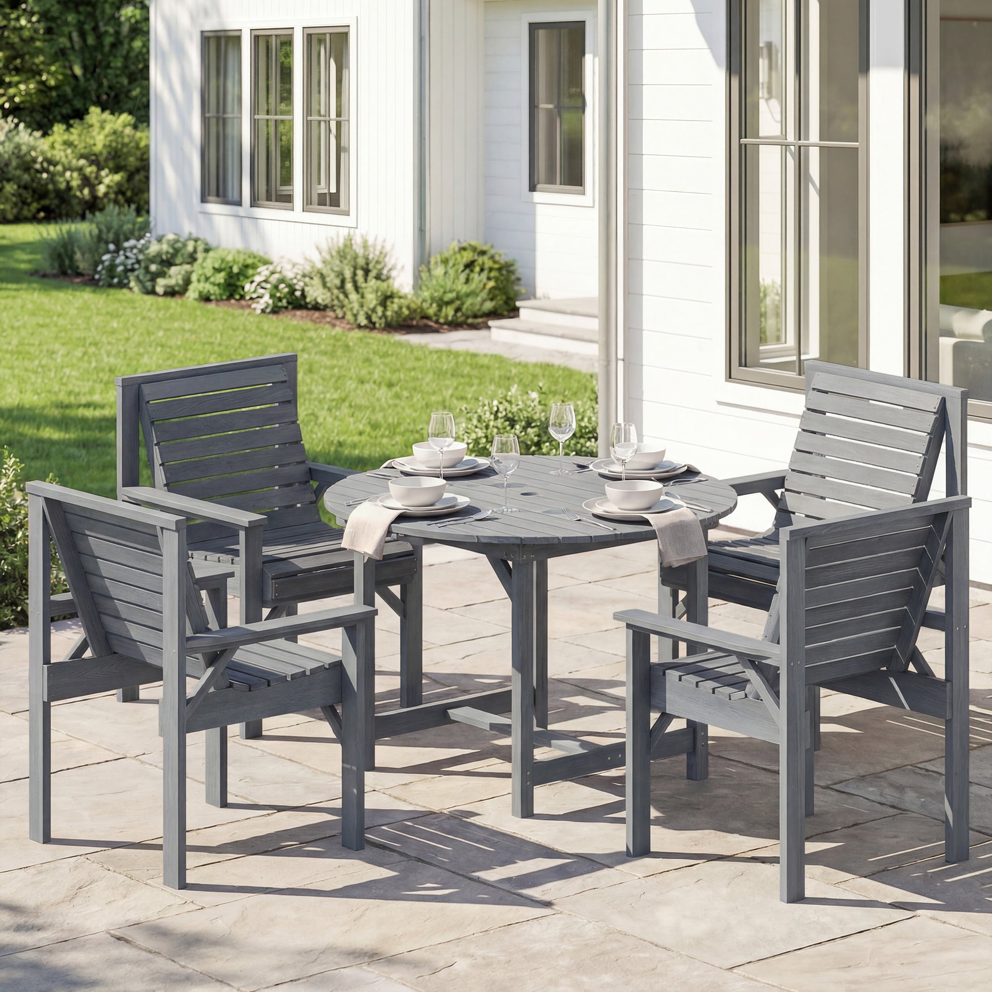 Outsunny 5 Pieces Garden Dining Set with Parasol Hole, Round Outdoor Table and Chairs, 4 Seater Wooden Garden Furniture, Grey 