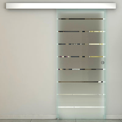 HOMCOM 90cm Sliding Glass Door Set Include Hardware Track Kit, Frosted Tempered Glass with Stripe Pattern, Round Handle 