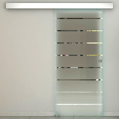 HOMCOM 90cm Sliding Glass Door Set Include Hardware Track Kit, Frosted Tempered Glass with Stripe Pattern, Round Handle 