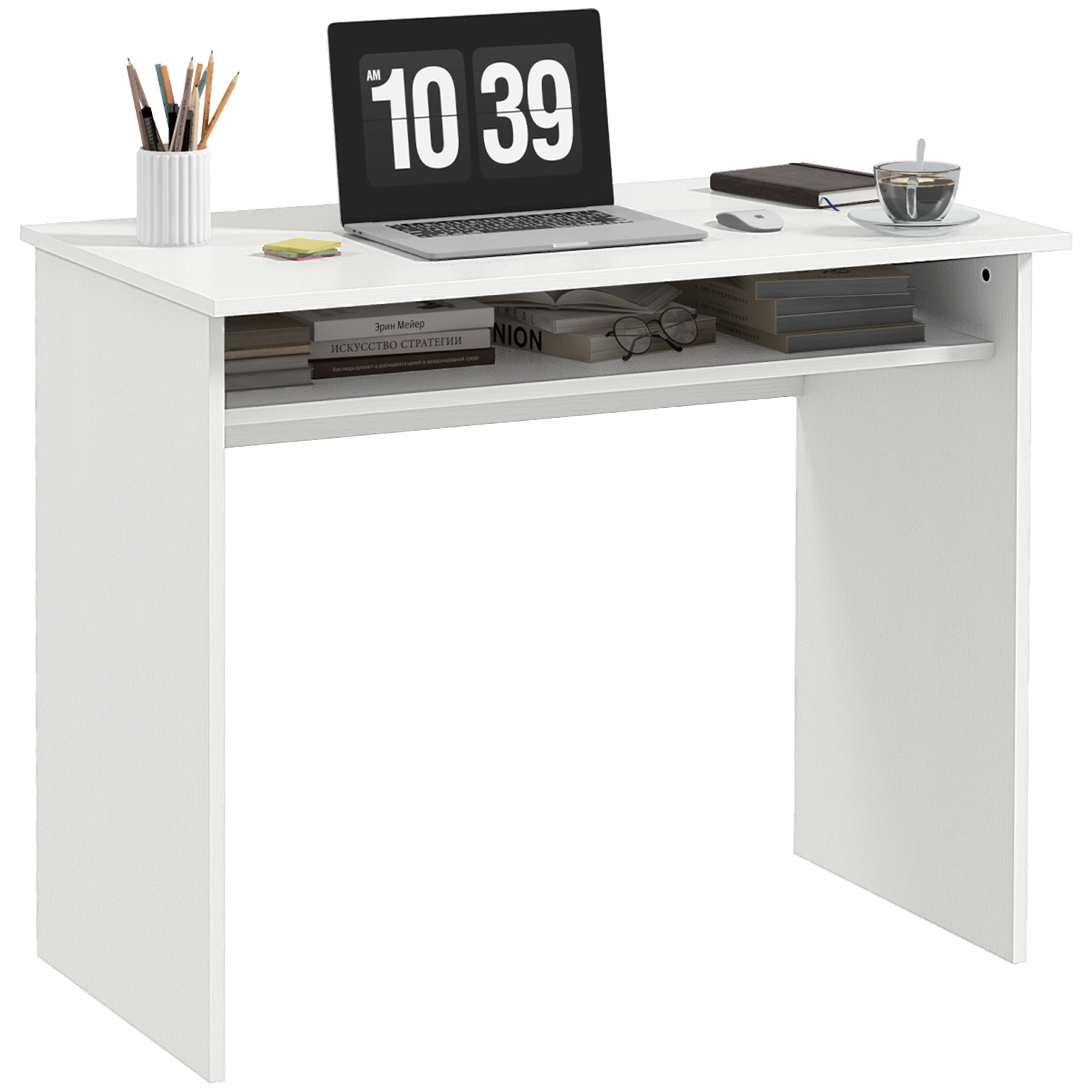 HOMCOM Modern Computer Desk, Home Office Table, Small Writing Desk with Storage Shelf, 90 x 50cm, White Wood Grain 