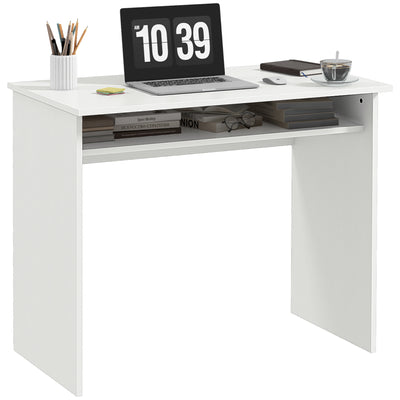 HOMCOM Modern Computer Desk, Home Office Table, Small Writing Desk with Storage Shelf, 90 x 50cm, White Wood Grain 