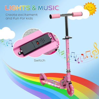 HOMCOM Kids Scooter, with Lights, Music, Adjustable Height, Foldable Frame, for Ages 3-7 Years - Pink 