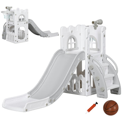 AIYAPLAY 4 in 1 Toddler Slide with Basketball Hoop, Climber, Telescope, Storage Basket, for Ages 1-3 Years, Grey 
