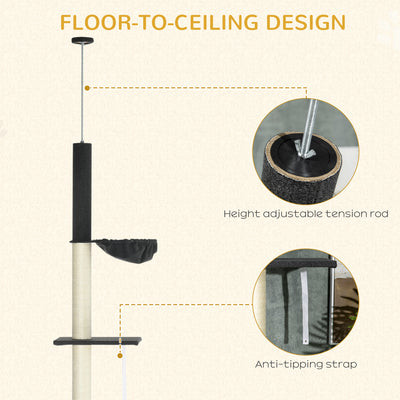 PawHut 240-270cm Floor-To-Ceiling Cat Tree, 5 Tier Cat Climbing Tower, with Bed, Hammock, Platforms, Black and Cream 