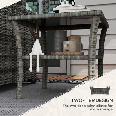 Outsunny 50cm Outdoor PE Rattan Coffee Table, Patio Wicker Two-tier Side Table with Glass Top, for Patio, Garden, Balcony, Grey 