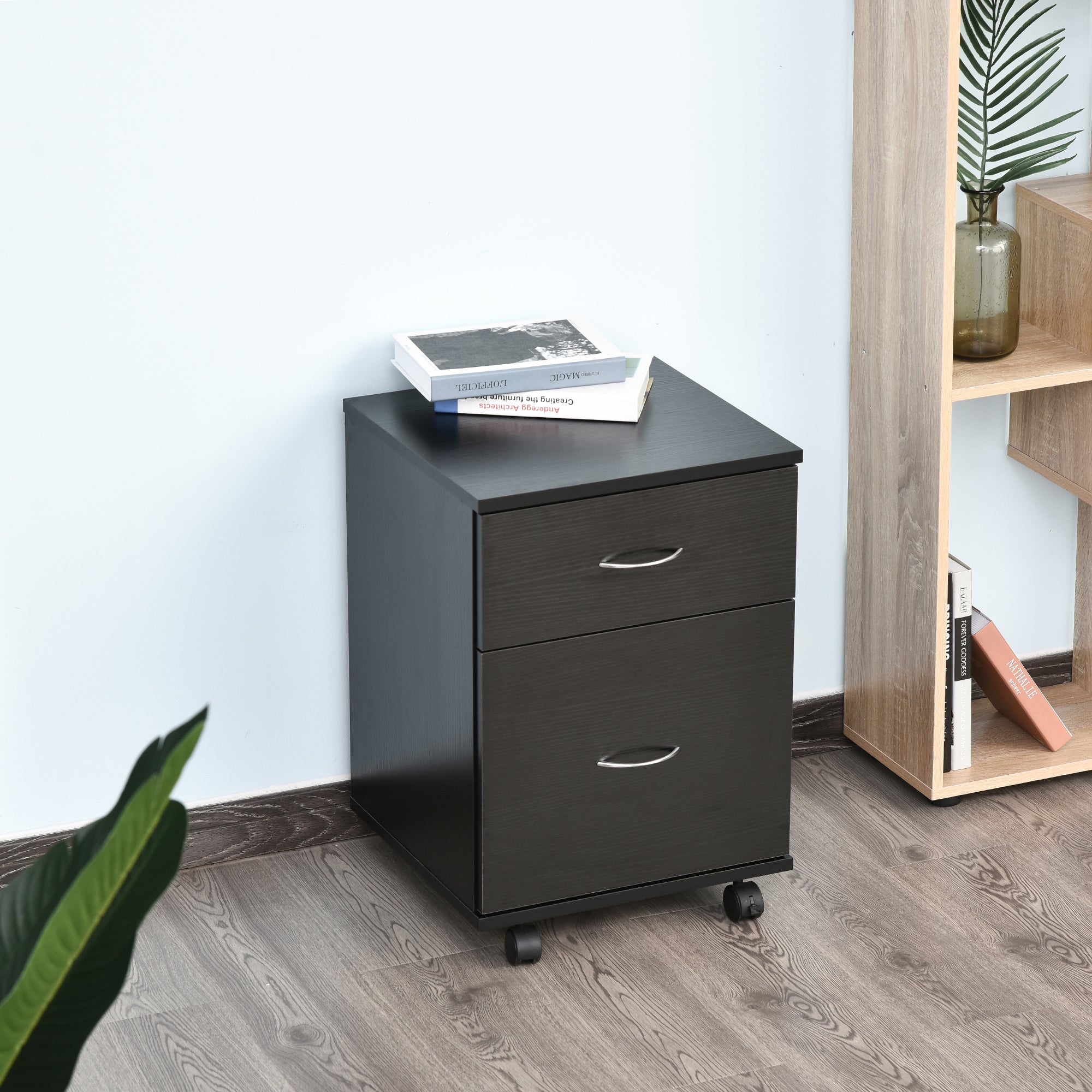 HOMCOM Two Drawer Filing Cabinet with Wheels- Black Wood Grain 