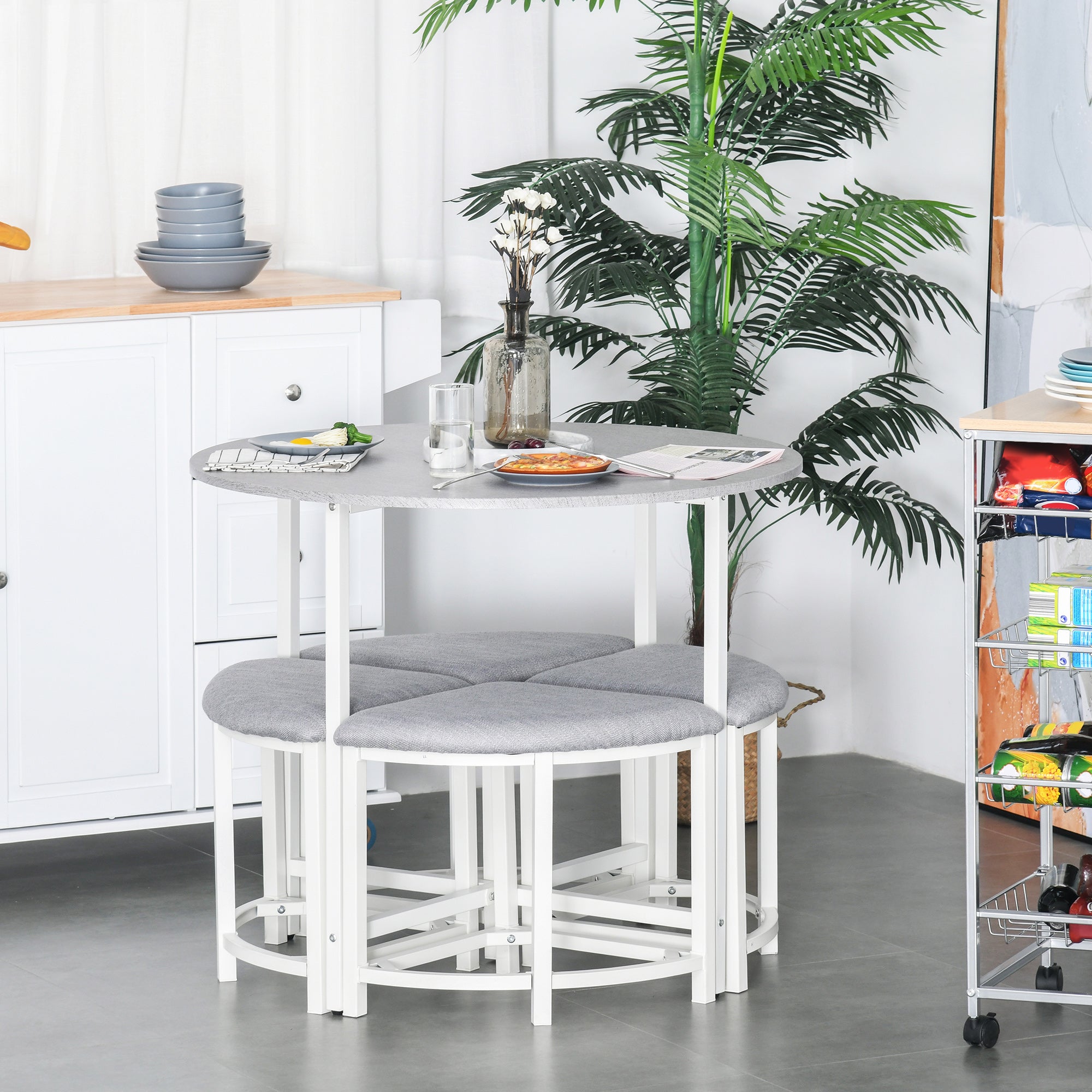 HOMCOM Modern Round Dining Table Set with 4 Upholstered Stools for Dining Room, Kitchen, Grey 