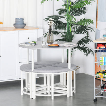 HOMCOM Modern Round Dining Table Set with 4 Upholstered Stools for Dining Room, Kitchen, Grey 