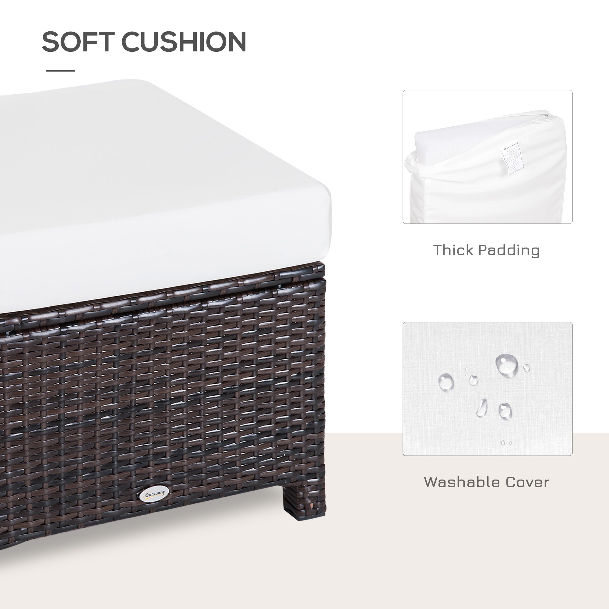 Outsunny Rattan Footstool Wicker Ottoman with Padded Seat Cushion Outdoor Patio Furniture for Garden Poolside Living Room, 50 x 50 x 35 cm, Brown 