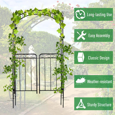 Outsunny Garden Decorative Metal Arch with Gate Outdoor Patio Trellis Arbor for Climbing Plant Archway Antique Black - 108L x 45W x 215Hcm 