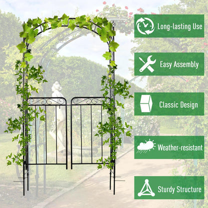 Outsunny Garden Decorative Metal Arch with Gate Outdoor Patio Trellis Arbor for Climbing Plant Archway Antique Black - 108L x 45W x 215Hcm 