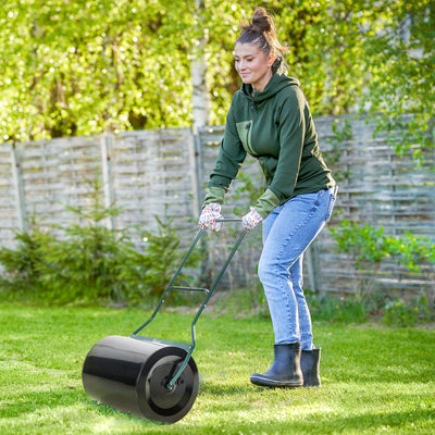 Outsunny φ50cm Steel Garden Lawn Roller Push Pull w/ Fillable Cylinder Water Sand Plug Lawn Flatten Seed Sow Rolling Drum w/ Handle 
