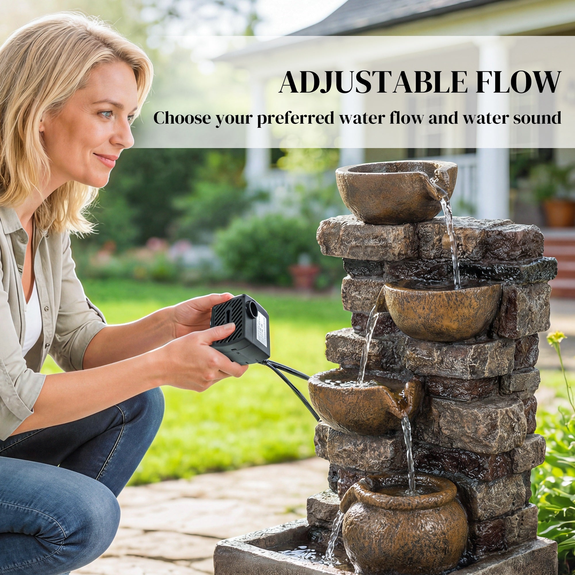 Outsunny 28" 5-Tier Outdoor Fountain, Cascading Waterfall Feature with LED Lights, Adjustable Flow, Rustic Brown 