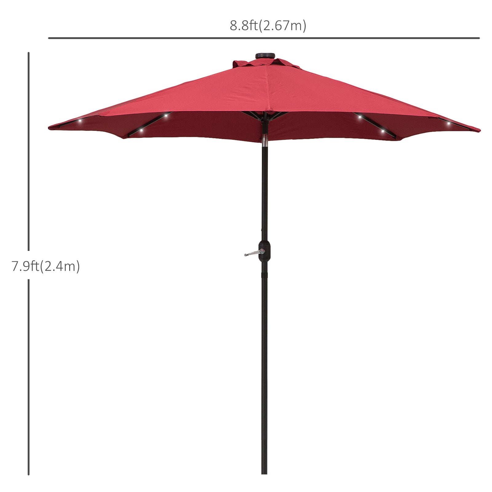 Outsunny 2.7m Patio Garden Umbrella Outdoor Parasol with Tilt Crank and 24 LEDs Lights (Red) 