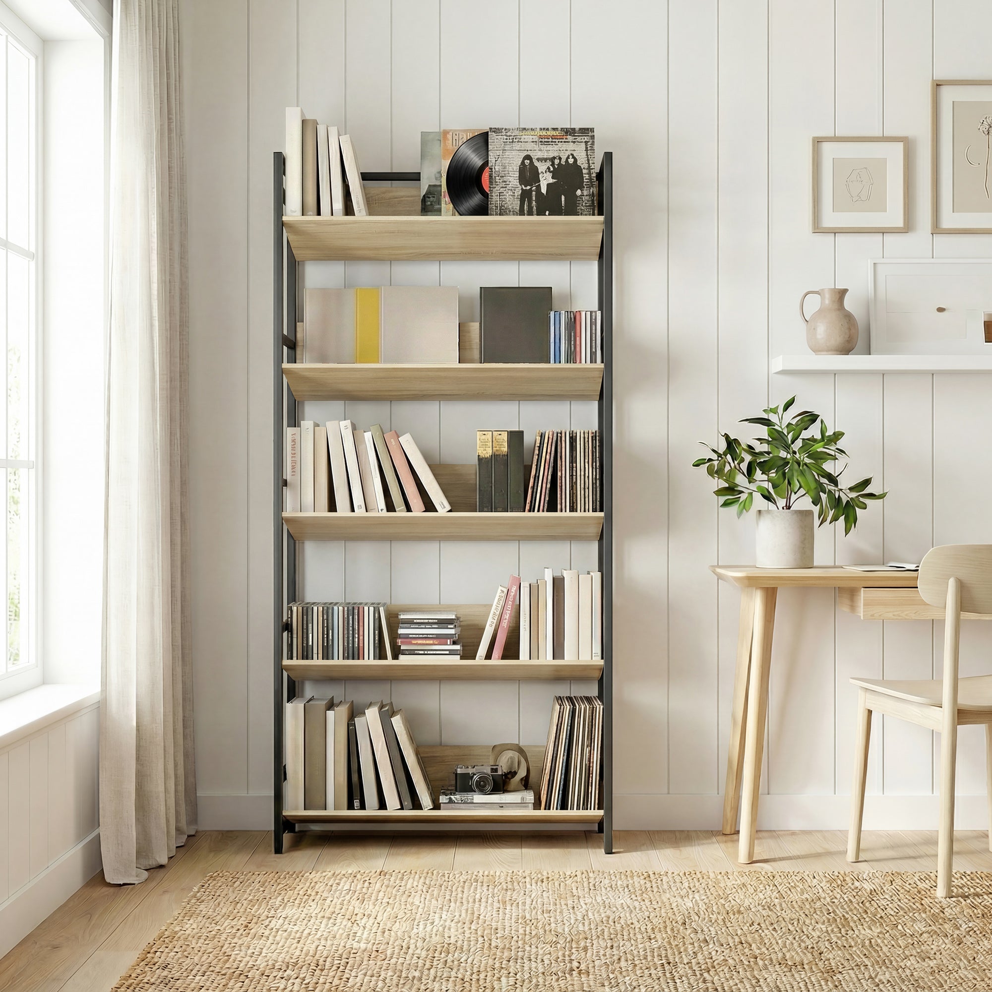 HOMCOM Bookshelf 5-Tier Metal Frame Bookcase Storage Shelves for Living Room Oak 