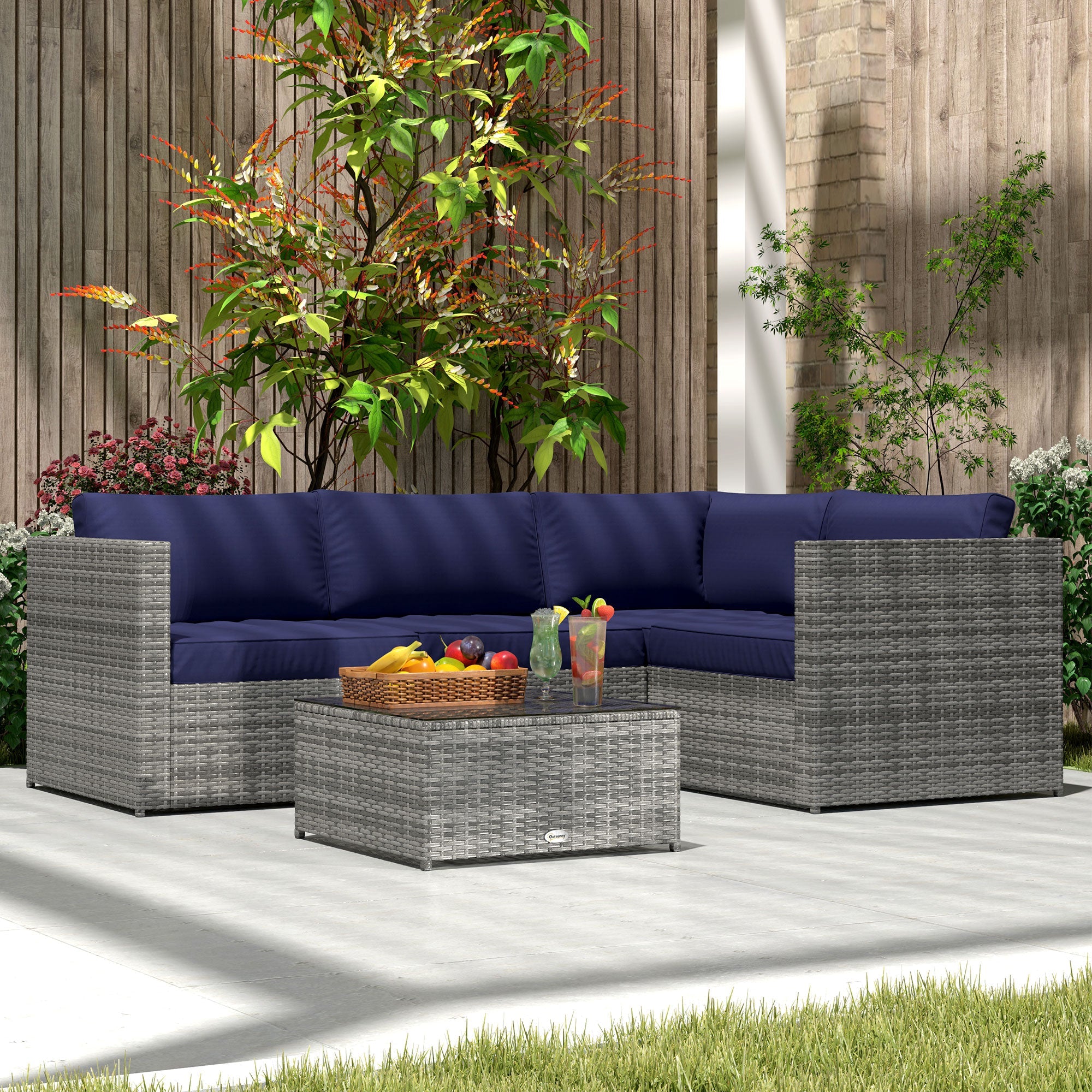 Outsunny 3 Pieces PE Rattan Garden Furniture Set with 10 cm Thick Cushions, 4 Seater Garden Corner Sofa Set with Glass Top Coffee Table, Outdoor Furniture for Patio, Porch, Blue 
