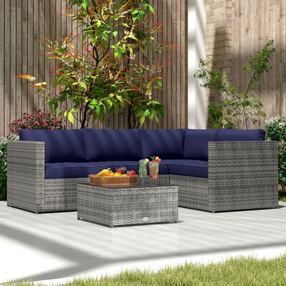 Outsunny 3 Pieces PE Rattan Garden Furniture Set with 10 cm Thick Cushions, 4 Seater Garden Corner Sofa Set with Glass Top Coffee Table, Outdoor Furniture for Patio, Porch, Blue 
