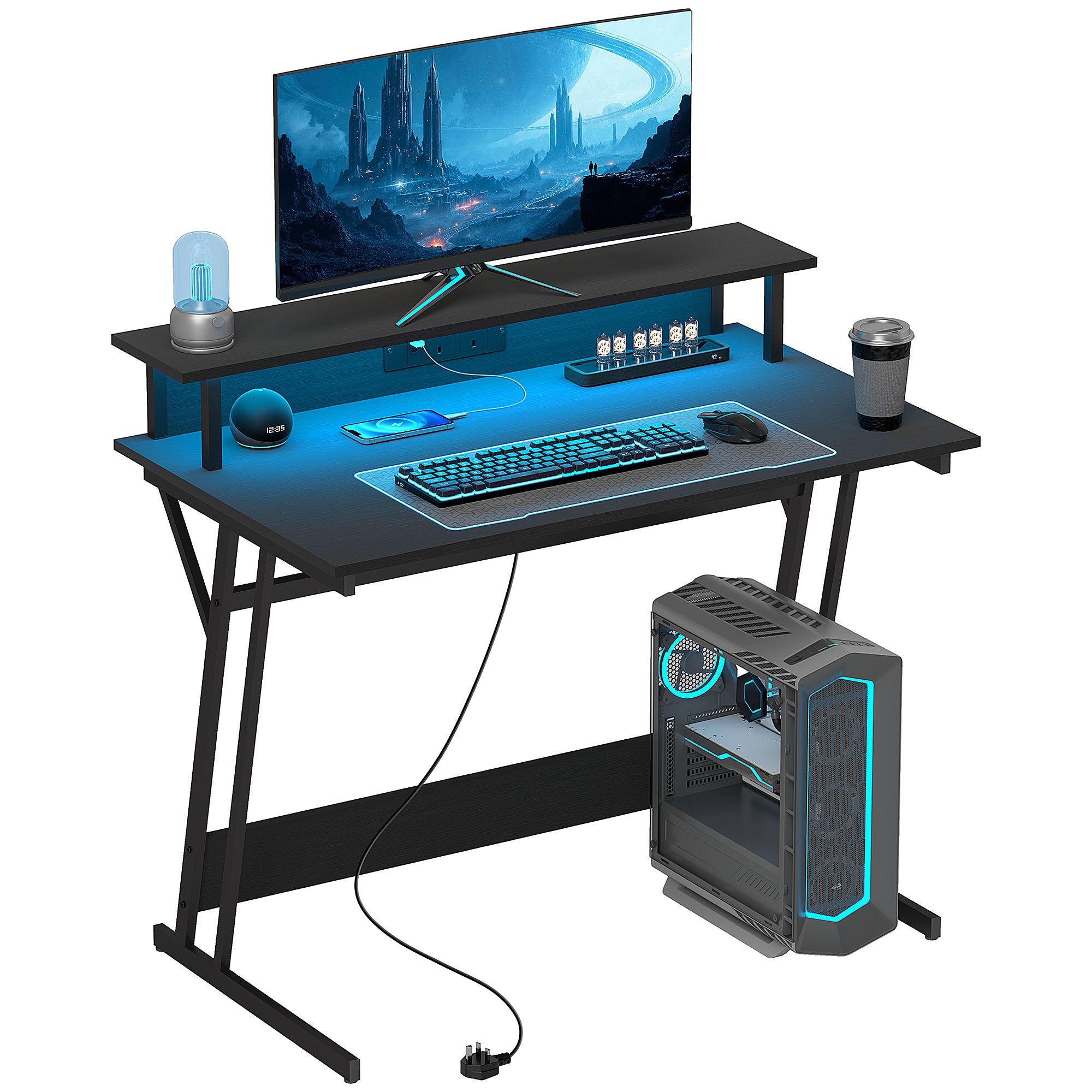 HOMCOM Gaming Desk with LED Lights and Power Outlets, 100 x 60cm Z Shaped Computer Desk with Monitor Stand and Steel Frame, PC Gaming Table for Home Office, Black 