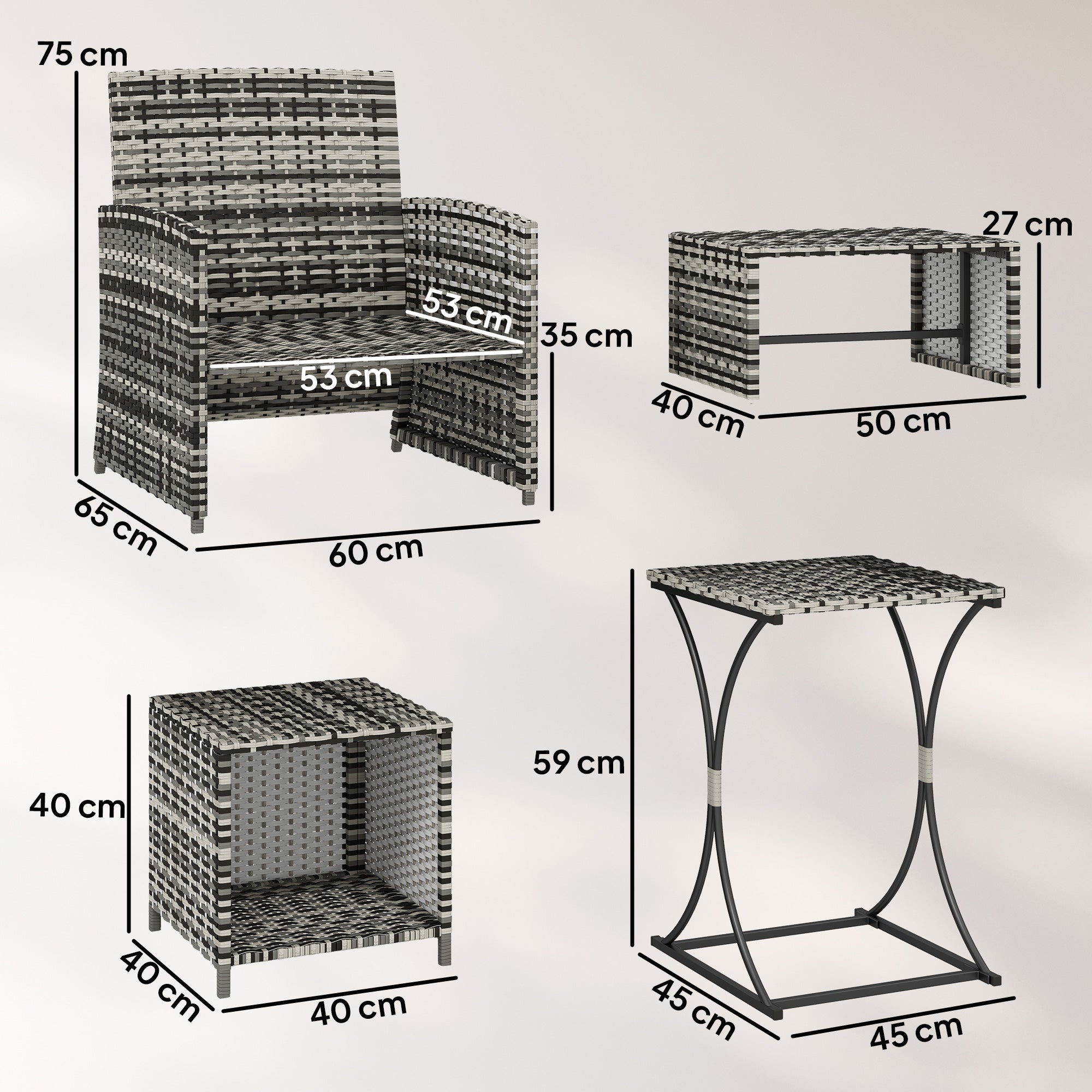 Outsunny 6 Piece Rattan Garden Furniture, Space-Saving Patio Furniture Set with Nesting Tables, Chairs, Stools, Cushions, Grey 