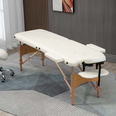 HOMCOM Portable Massage Bed, Folding Spa Beauty Massage Table with 2 Sections, Carry Bag and Wooden Frame, Cream 