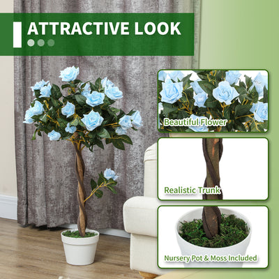 Outsunny Set of 2 Artificial Plants White Rose Floral in Pot, Fake Plants for Home Indoor Outdoor Decor, 90cm, Light Blue 
