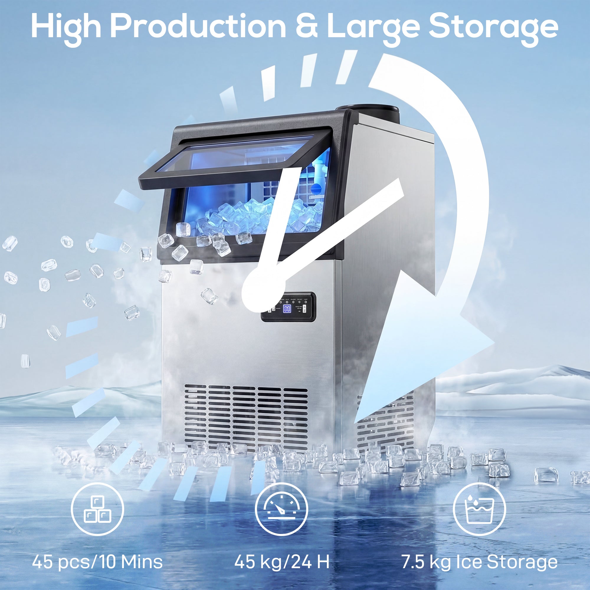 HOMCOM Commercial Ice Maker Machine, 45kg/24H Stainless Steel Under Counter or Freestanding Ice Machine, Silver 