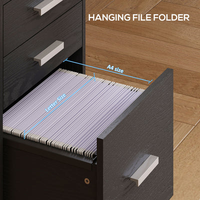 HOMCOM 3 Drawer Filing Cabinet, Rolling File Cabinet with Edged Top for Letter, A4 Size, Hanging File Folders, Black 