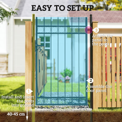 Outsunny Galvanised Steel Garden Gate, Outdoor Fence Gate Security Barrier with Lock, Keys and Handle, Outdoor Entrance Way Door with Classic Finials, 105 x 204 cm, Black 