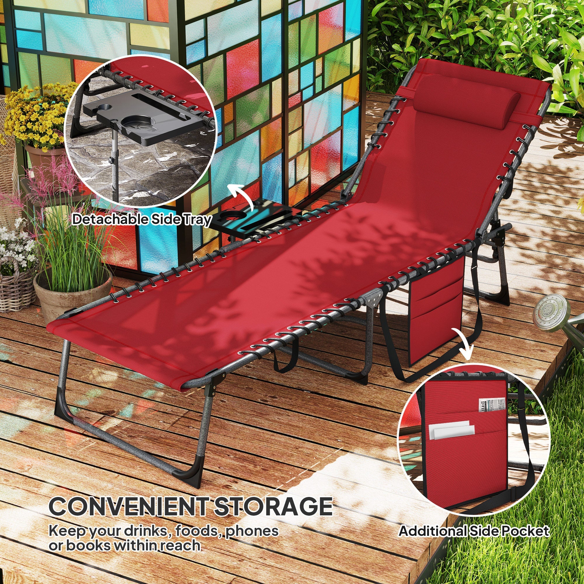 Outsunny Five-Position Reclining Sun Lounger - Red 