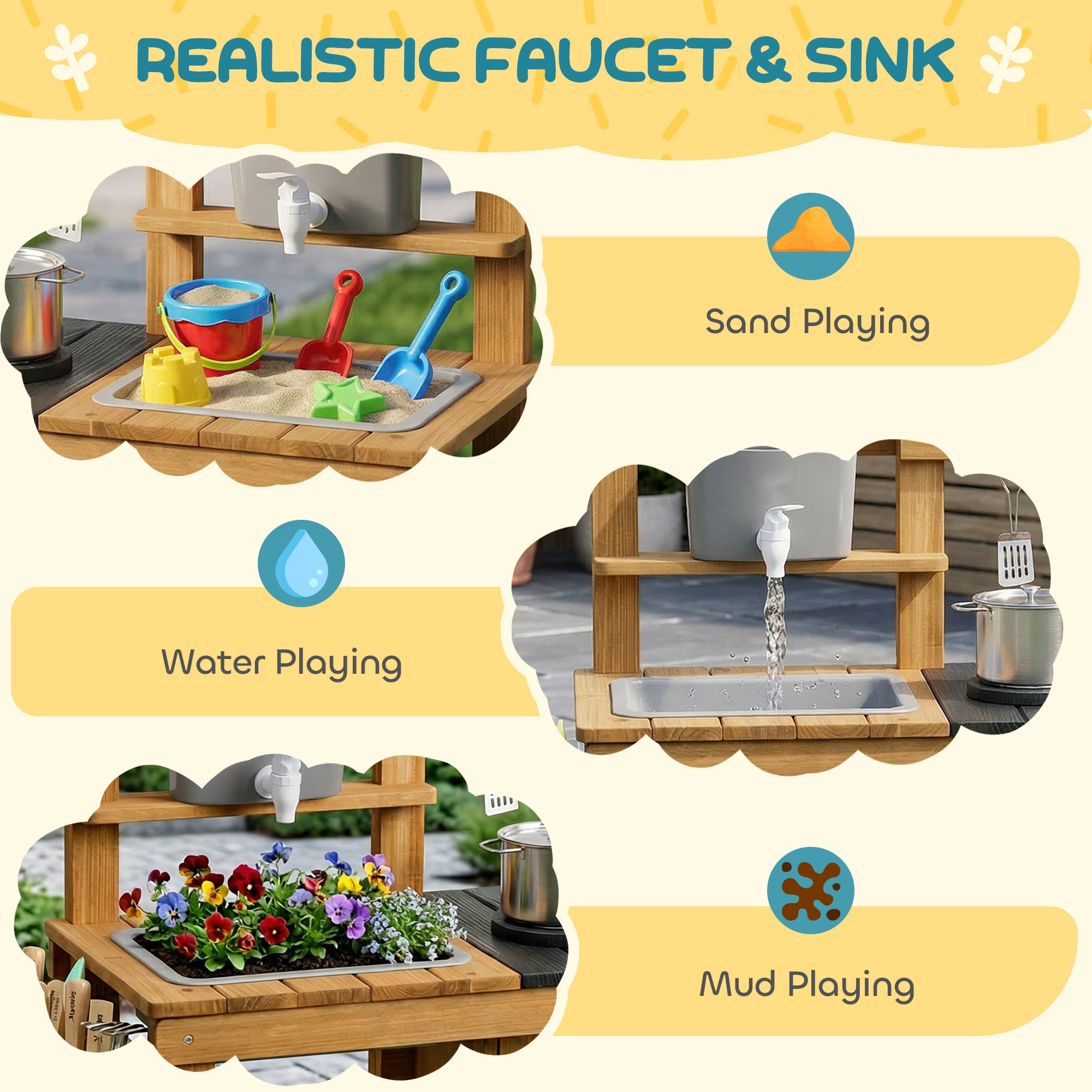 AIYAPLAY Wooden Mud Kitchen with Wheels, Stove, Faucet, Flower Pots, Stainless Steel Accessories for Toddlers 3-6, Brown 