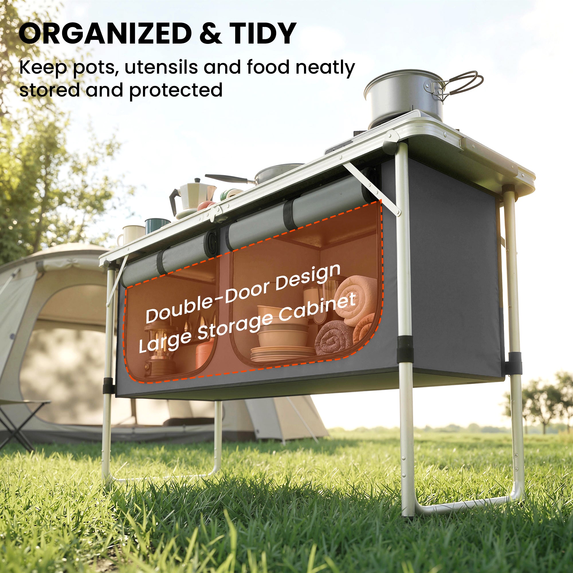 Outsunny Camping Cupboards Folding Portable Aluminium Camp Cook Station with Storage Cupboard for Outdoor BBQ 