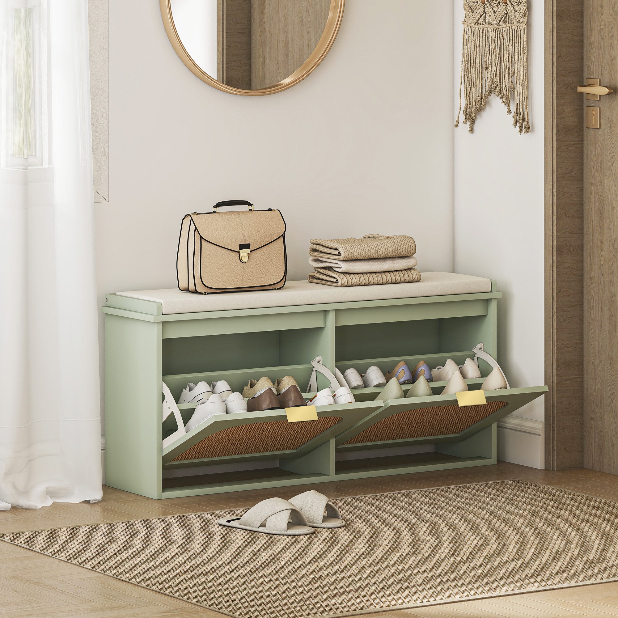 HOMCOM Boho Shoe Bench with Padded Seat and 2 Flip-Drawers - Light Green