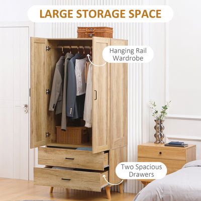 HOMCOM 2 Door Wardrobe, Modern Wardrobe with 2 Drawer and Hanging Rail for Bedroom, Natural 