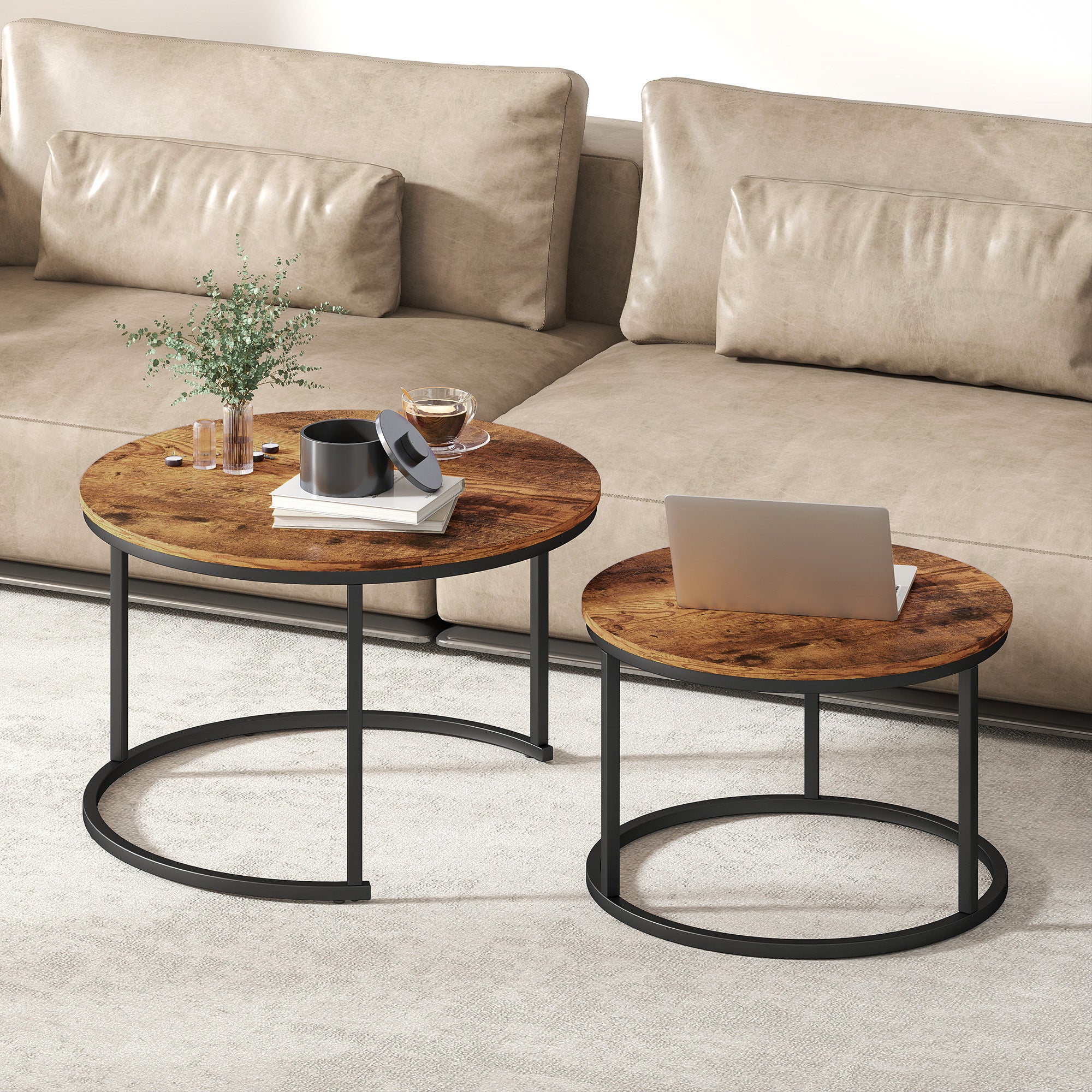 HOMCOM Coffee Table Set of 2, Round Nest of Tables with Metal Frame, Modern Side Tables for Living Room, Rustic Brown 