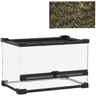 PawHut Reptile Glass Terrarium with Stone Background, Front Ventilation, Escape-Proof Knob Lock, 30 x 20 x 20 cm, Black 