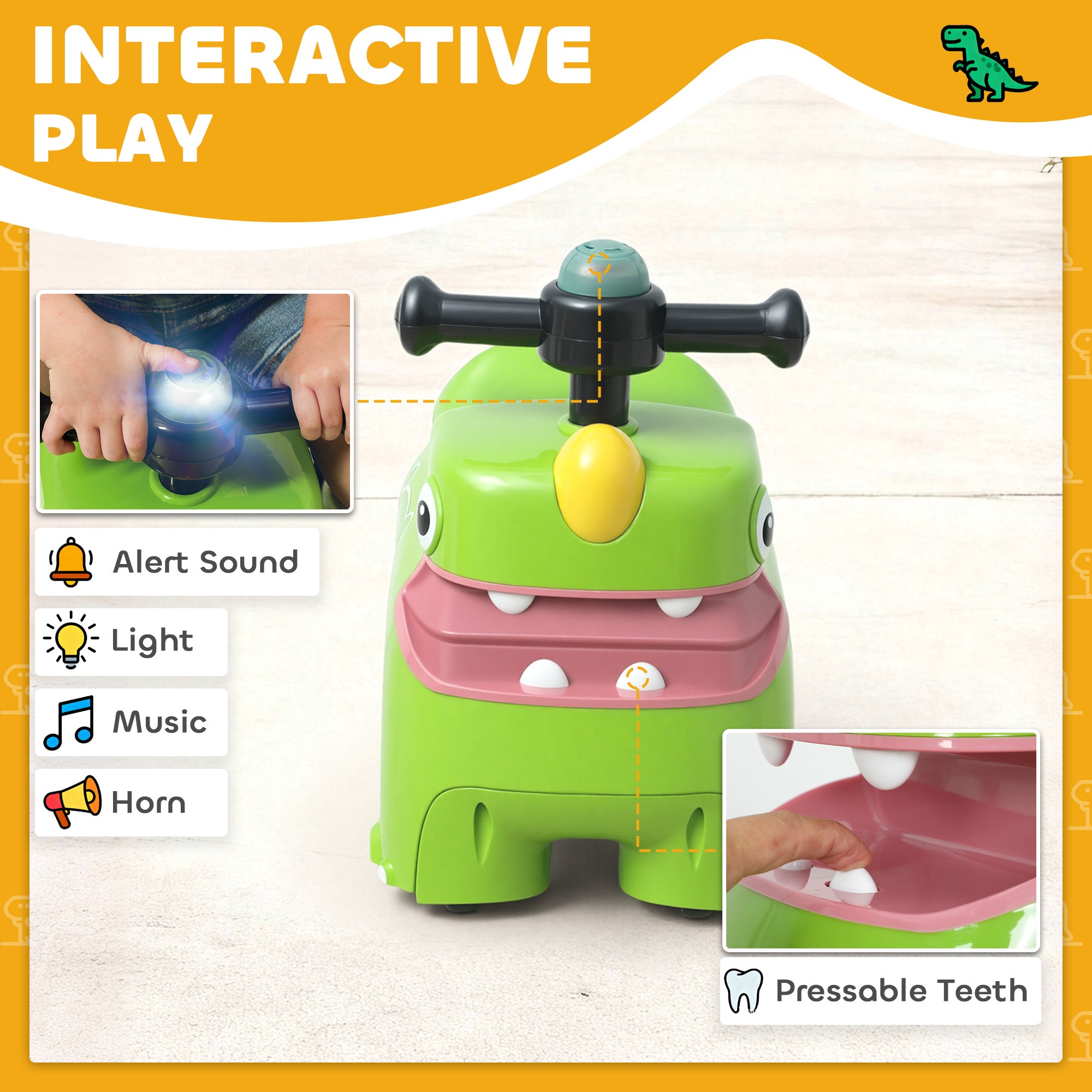 AIYAPLAY Kids Ride On Car, Dinosaur Foot to Floor Slider with Storage, Toddler Walker with Light, Sounds, Green 