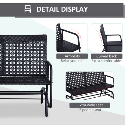 Outsunny 2 Seater PE Rattan Glider Bench, Outdoor Loveseat Chair with Steel Frame, Porch Rocking Glider for 2 Person with Armchair, High Back, Black 