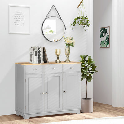 HOMCOM Sideboard with Rubberwood Top and Adjustable Shelves for Dining Room, Kitchen - Grey 