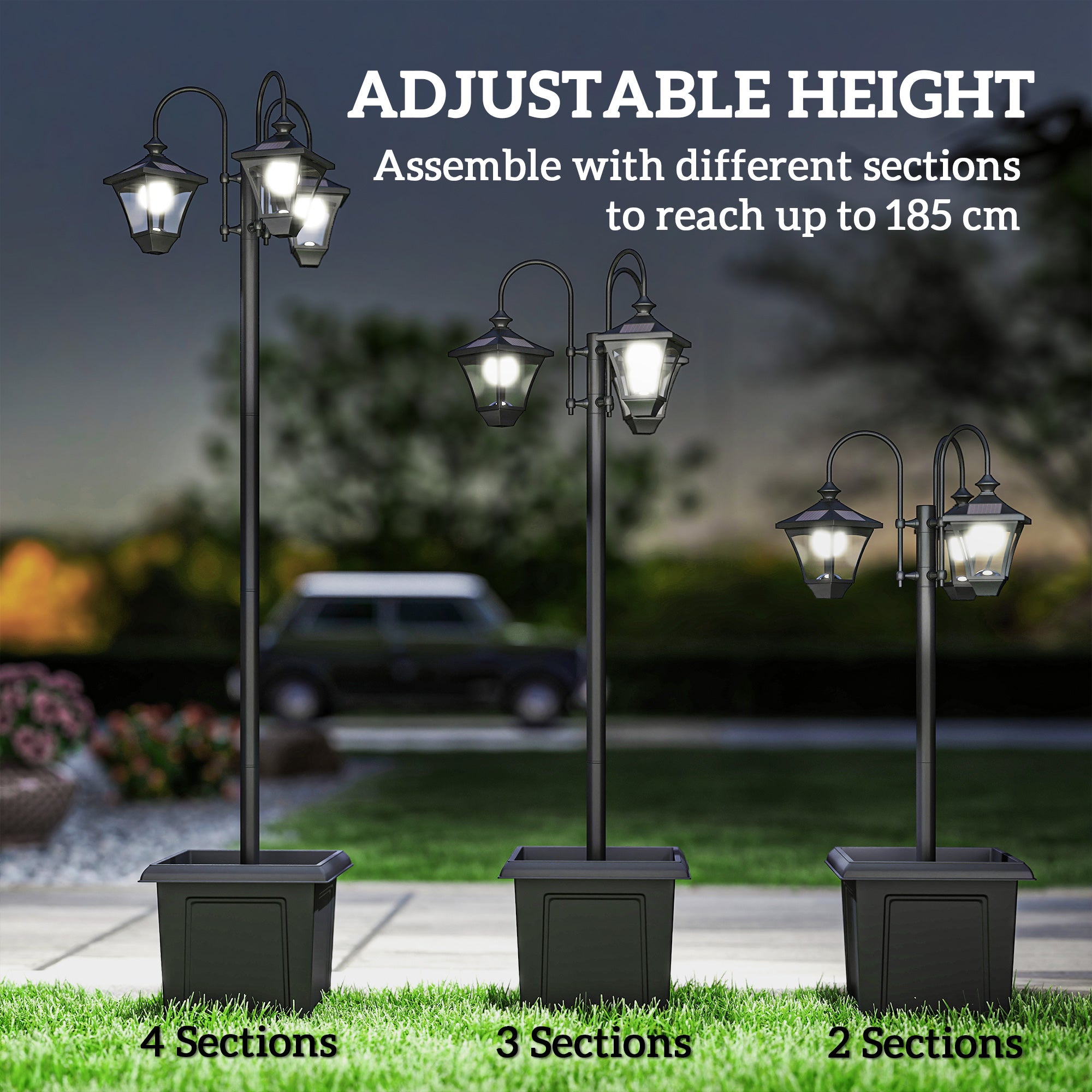 Outsunny Solar Lamp Post with Dusk-to-Dawn Sensor Street Light with 3-Head Planter 185 cm Black 