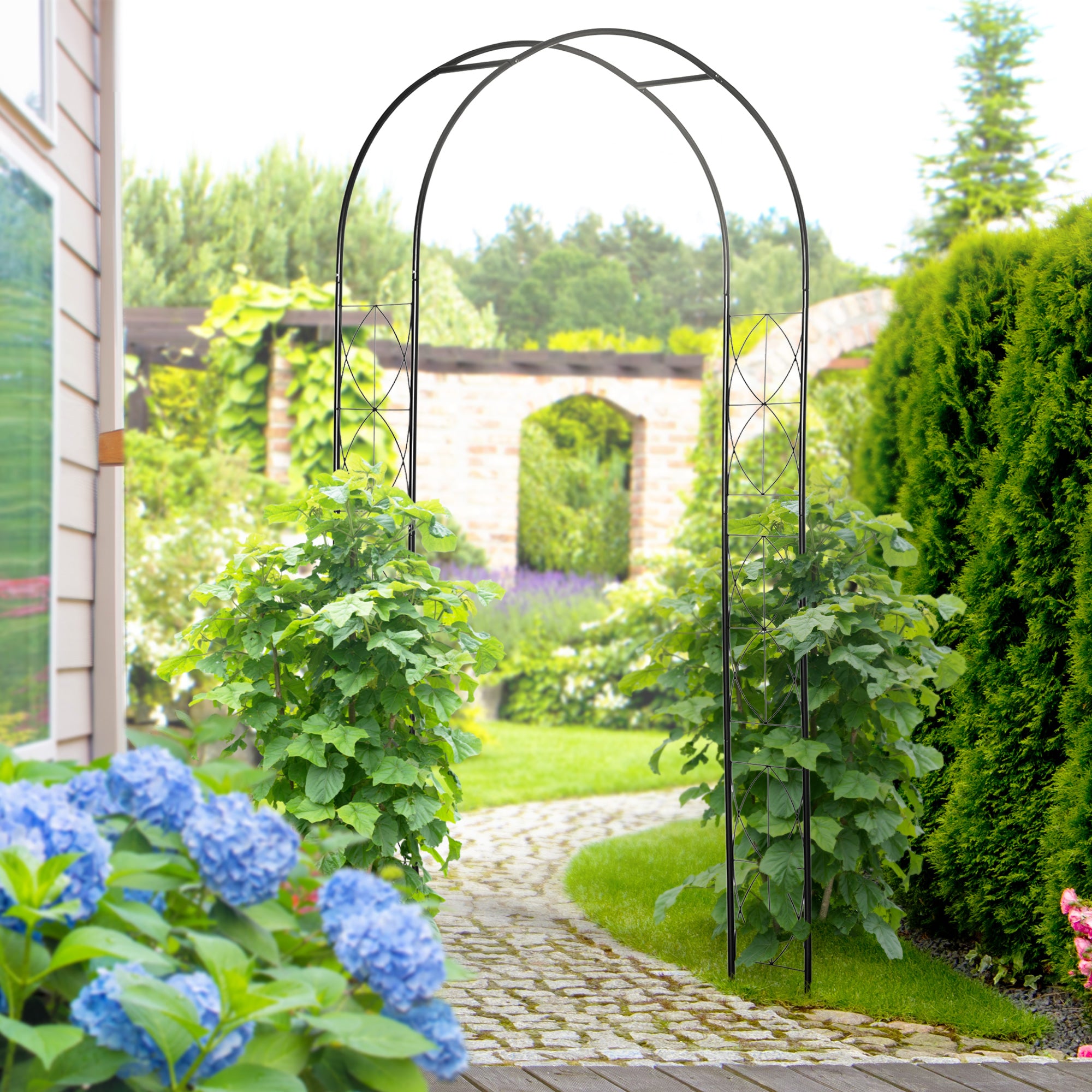 Outsunny Vintage Style Steel Garden Patio Outdoor Arbor & Trellis Arch Support For Vines & Climbing Plants Decoration - Black 2.3H m 