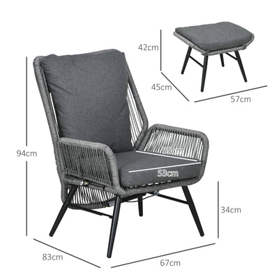 Outsunny String Rattan Armchair and Footstool Set, with Cushions - Grey 