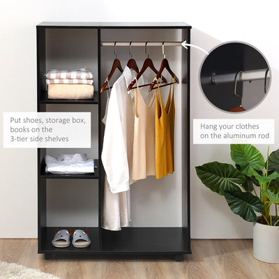 HOMCOM Open Wardrobe on Wheels, Bedroom Wardrobe with Clothes Hanging Rail, 3 Storage Shelves, Mobile Garment Rack for Cloakroom, Hallway, Black 
