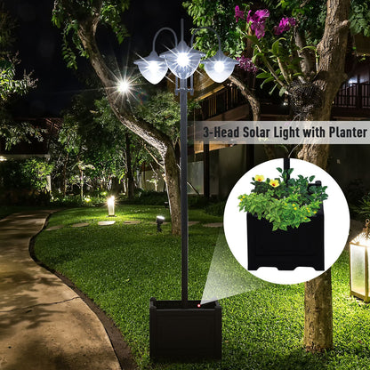 Outsunny 189cm 3-head Solar Lamp Post, Street Light with Planter, Automatic-on, 6 Hour Max Outdoor Ready LED Lighting, Black 