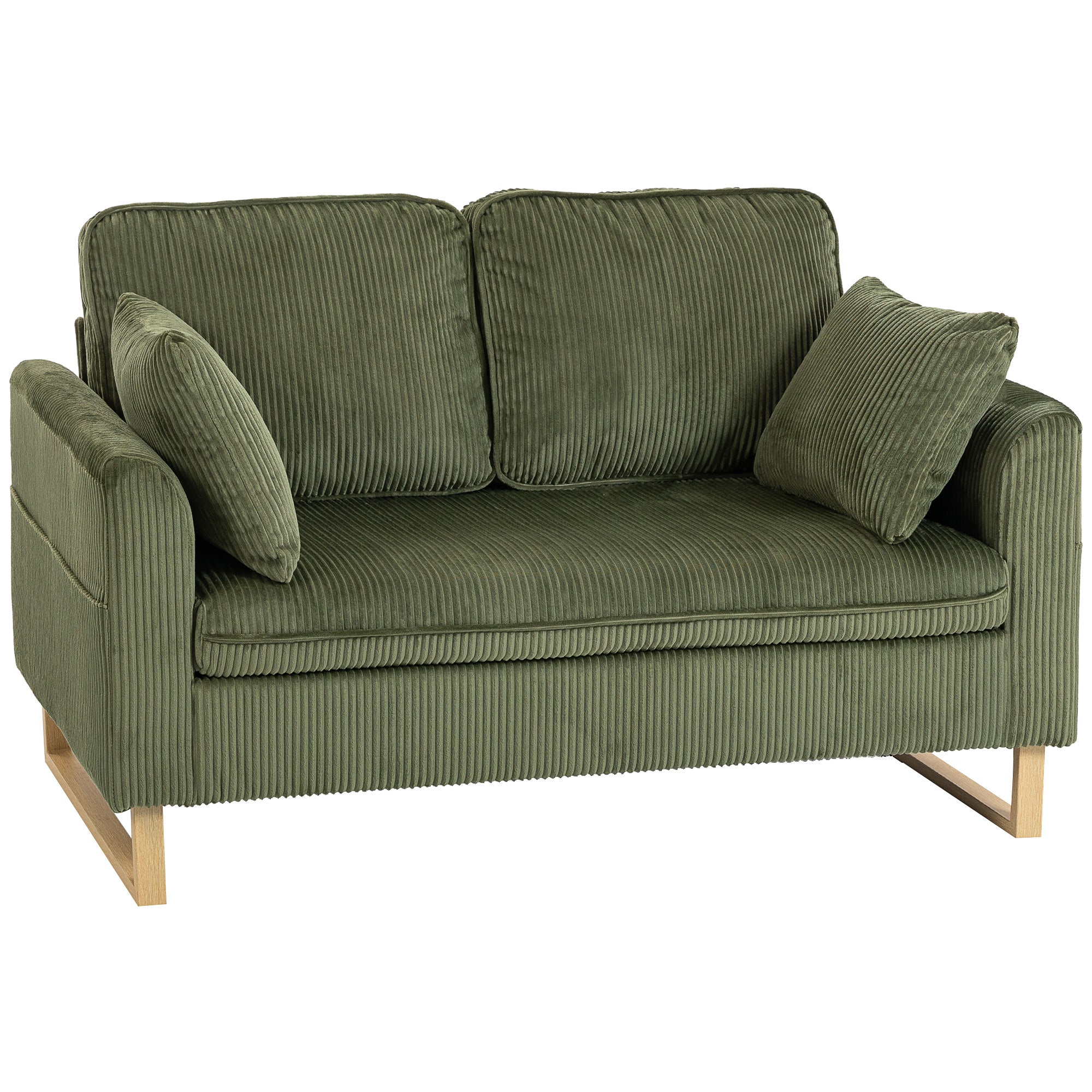 HOMCOM 2 Seater Sofa, 140 cm Loveseat Sofa with Spring Cushions, Metal Legs, 2 Pillows, Dark Green 