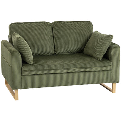HOMCOM 2 Seater Sofa, 140 cm Loveseat Sofa with Spring Cushions, Metal Legs, 2 Pillows, Dark Green 