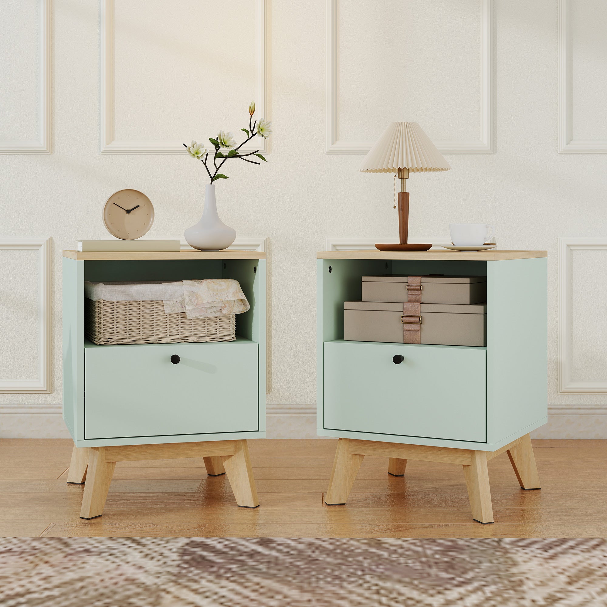 HOMCOM Modern Nightstand Set of 2, Bedside Table with Drawer and Open Shelf, Side End Table for Bedroom, Light Green 