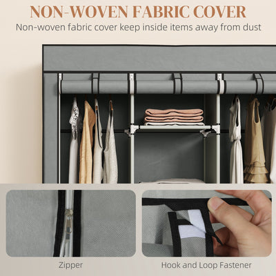 HOMCOM Fabric Wardrobe for Bedroom, Portable Wardrobe with 5 Shelves, 2 Hanging Rails and 3 Fabric Drawers, Foldable Closet, 125 x 43 x 162.5cm, Light Grey 